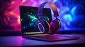 Pro gamer headset neon ai generated laptop template
