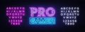 Pro Gamer neon sign vector. Neon Gaming Design template, light banner, night signboard, nightly bright advertising