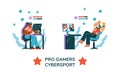 Pro gamers cybersport tournament banner or poster design flat vector isolated.