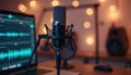 Pro microphone setup in recording studio. Audio waveform visible on laptop screen. Soft bokeh lights create warm atmosphere. Royalty Free Stock Photo