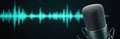 Pro microphone with turquoise audio wave visualization on dark background. This image represents sound recording, voice, music Royalty Free Stock Photo