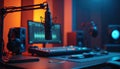 Pro podcast studio setup with boom arm microphone, headphones, monitor. Audio waveforms display on computer screen. Mixing Royalty Free Stock Photo