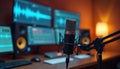 Pro sound recording studio setup large microphone on boom arm. Multiple computer monitors display audio waveforms for editing. Royalty Free Stock Photo
