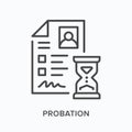 Probation flat line icon. Vector outline illustration of employee profile. Black thin linear pictogram for corporate