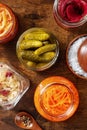 Probiotic foods. Fermented food. Canned sauerkraut, carrot, pickles etc Royalty Free Stock Photo