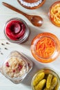 Probiotic foods. Fermented food. Canned sauerkraut, carrot, pickles etc