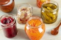 Probiotic foods. Fermented food. Canned sour cabbage, carrot, pickles etc