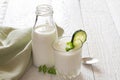 Probiotic kefir drink in glass, gut health concept