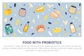 Probiotic sources. Food with probiotics doodle poster Royalty Free Stock Photo