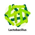 Probiotics bacteria. Lactobacillus, bulgaricus logo with text. Amorphous symbols for milk products are shown such as yogurt,