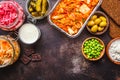 Probiotics food concept. Kimchi, beet sauerkraut, sauerkraut, cottage cheese, peas, olives, bread, chocolate, kefir and pickled Royalty Free Stock Photo