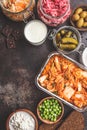 Probiotics food concept. Kimchi, beet sauerkraut, sauerkraut, cottage cheese, peas, olives, bread, chocolate, kefir and pickled Royalty Free Stock Photo