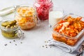 Probiotics food concept. Kimchi, beet sauerkraut, sauerkraut, kefir and pickled cucumbers Royalty Free Stock Photo