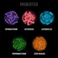 Probiotics. Good bacteria and microorganisms for human health. Microscopic probiotics, good bacterial flora.