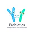 Probiotics. Lactic acid bacterium. Bifidobacterium, lactobacillus. Microbiome. Microbiota. Cute characters