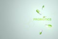 Probiotics lettering and pills image. The concept of diet, intestinal microflora, microorganisms, healthy digestion. 3D render, 3D