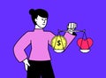 Problem of choice between money and feeling. Woman hold pink heart and golden coin on scales. Business or family vector