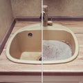 The problem of a clogged kitchen sink. Before and after removing the cause of blockages Royalty Free Stock Photo