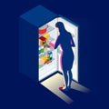 Problem of excess weight and health. Woman by the open refrigerator at night. Isometric young woman looking at fridge. Royalty Free Stock Photo