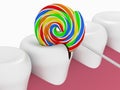 A lollipop destroys a tooth on white background Royalty Free Stock Photo