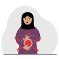 A problem with the intestines, stomach or a bolt in the abdomen. A woman holds his hands on his stomach near the place