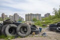 Problem of landfill, the problem of environmental pollution and waste processing in large cities. garbage in residential areas Royalty Free Stock Photo