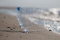 Plastic water PET bottle on a beach. Conceptual image