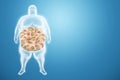 The problem of obesity, the body of a fat person is crammed with burgers. Overweight, fast food, junk food. 3D illustration, 3D