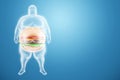 The problem of obesity, the body of a fat person is crammed with burgers. Overweight, fast food, junk food. 3D illustration, 3D