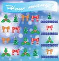 Problem for oral counting cartoon with colorful Christmas symbols. Game for preschool kids