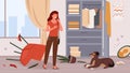 Problem of pet dog owner, upset woman scolding dog for mess and damaged furniture