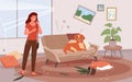 Problem of pet dog owner vector illustration. Cartoon upset woman scolding dog for mess and damaged furniture
