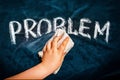 Problem solution metaphor. Hand wiping off chalk word PROBLEM on black chalkboard using rag. Remove problem issue solution Royalty Free Stock Photo