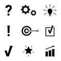 Problem solution sign icon pictogram. Question exclamation check tick mark gear light bulb target aim idea symbol