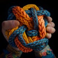 Problem solution team work concept, color Rope knot picture.