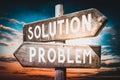 Problem, solution - wooden signpost, roadsign with two arrows Royalty Free Stock Photo