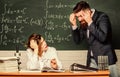 Problem solving. Bearded man and sexy woman consider problem at lesson. Problem at school. Educational problem. Finding