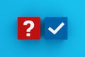 Problem solving and brainstorming concept. Problem solved. Question mark and checkmark symbols on colorful blocks