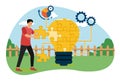 Problem solving concept. Man Adding Puzzle Piece to Light bulb Symbolizing Innovation and Problem Solving. Royalty Free Stock Photo