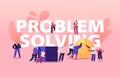 Problem Solving Concept. Tiny People Pushing Huge Cube and Ball Figures. Characters Solve Complicated Tasks Royalty Free Stock Photo