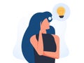 problem solving concept woman thinking with question mark and light bulb icons. creative idea. Hand drawn style vector