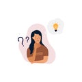 Problem solving concept, woman thinking vector, with question mark and light bulb icons. Hand drawn style vector design Royalty Free Stock Photo