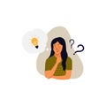 Problem solving concept, woman thinking vector, with question mark and light bulb icons. Hand drawn style vector design Royalty Free Stock Photo