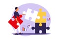 Problem solving. creative decision, difficult task concept. Man assembling puzzle. Cooperation and teamwork. Vector illustration. Royalty Free Stock Photo