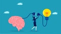 Problem solving and creativity. Businesswoman connecting light bulb to brain