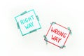 Problem solving. Right and wrong way icons on work desk from above Royalty Free Stock Photo