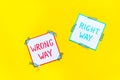 Problem solving. Right and wrong way icons on work desk from above Royalty Free Stock Photo