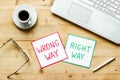 Problem solving. Right and wrong way icons on work desk from above Royalty Free Stock Photo