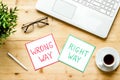 Problem solving. Right and wrong way icons on work desk from above Royalty Free Stock Photo
