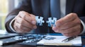 Problem Solving and Strategic Planning, Puzzle Pieces in Hands of Businessman, close up hand Royalty Free Stock Photo
